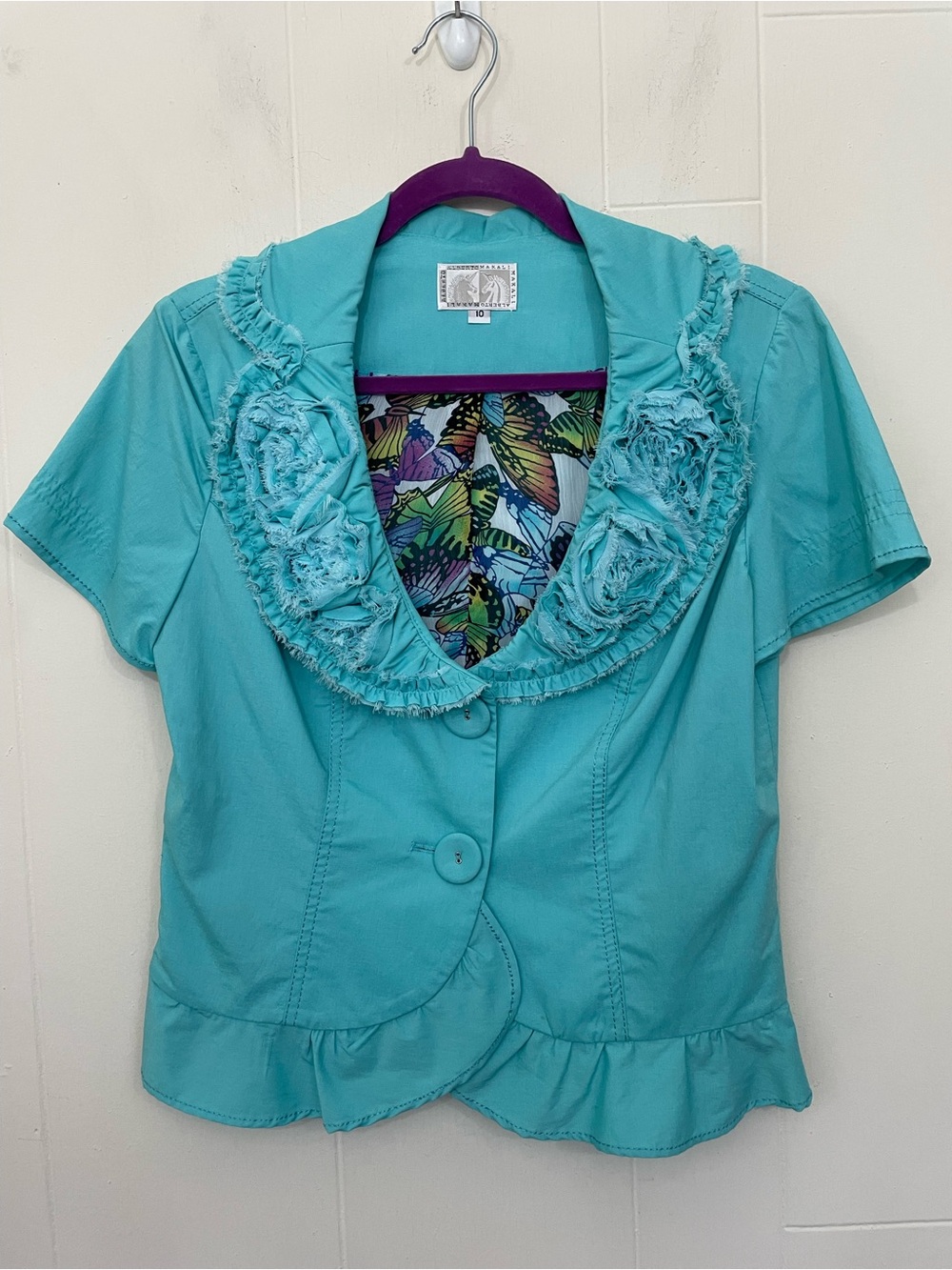 Alberto Makali Vintage Crop Blazer Size 10 Teal 3D Flowers Butterfly Lined Y2K
